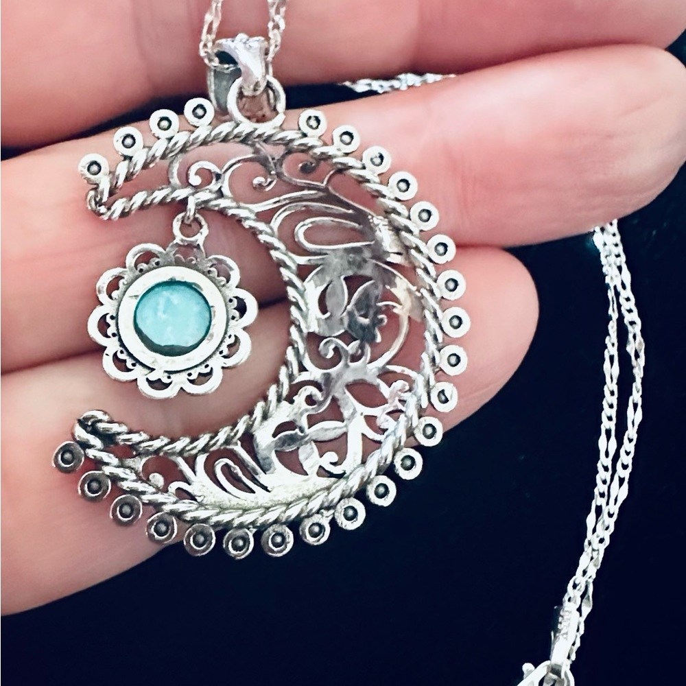 Genuine Blue Ridge Turquoise Crescent Moon SS Pendant on SS Chain Necklace NWT - Picture 8 of 12